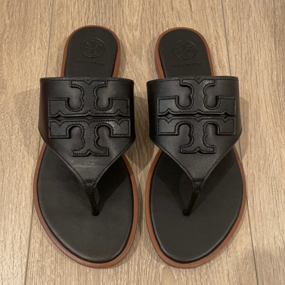 NIB Tory Burch Weston Full Logo Thong - Perfect Black - 6.5